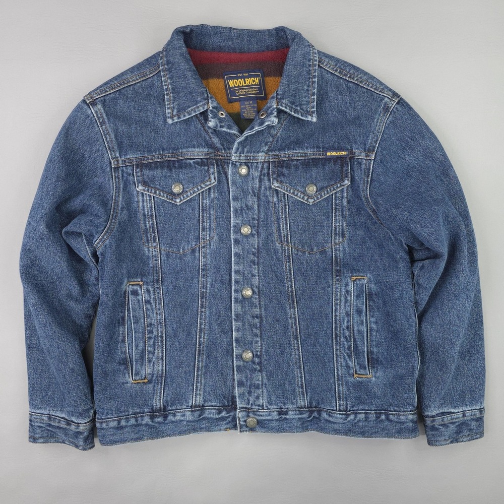 Woolrich Denim Jacket Boys Medium Blue Blanket Lined Snap Front Outdoor Warm
